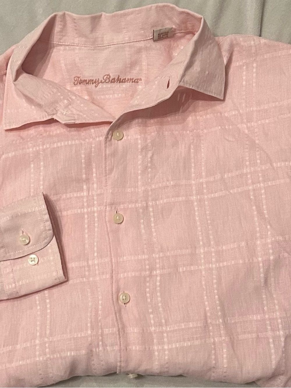 Tommy Bahama Mens Large Pink Linen Long Sleeve Button Up Plaid Shirt 30.5x25.5